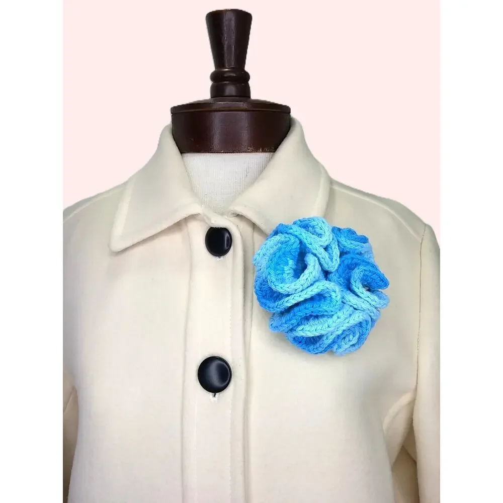 Handmade Chunky Crochet Brooch Hyperbolic Ruffle Ombre Flower Pin Sky Blue Large